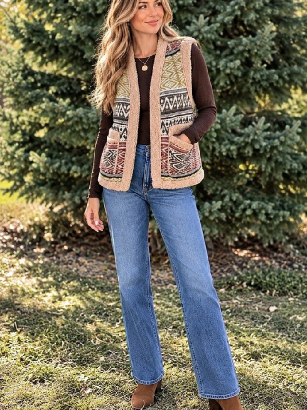 Easel Mocha Geometric Patterned Boho Vest Brown & Green Large